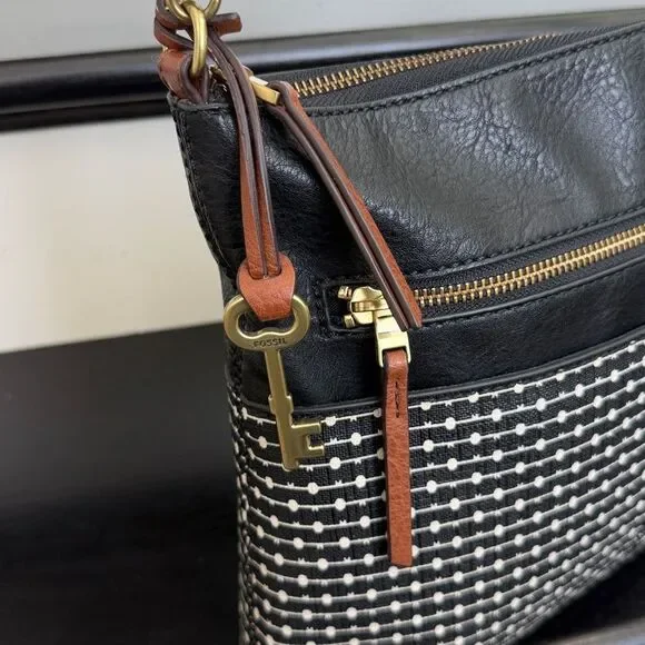 Fossil genuine leather waxed canvas crossbody shoulder handbag purse neutral - Picture 3 of 14